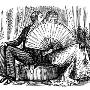 History of footwear: How dress shoes have changed over time. Sketch of a Victorian woman and man in evening dress clothes sitting on a pouffe hiding behind a giant fan.