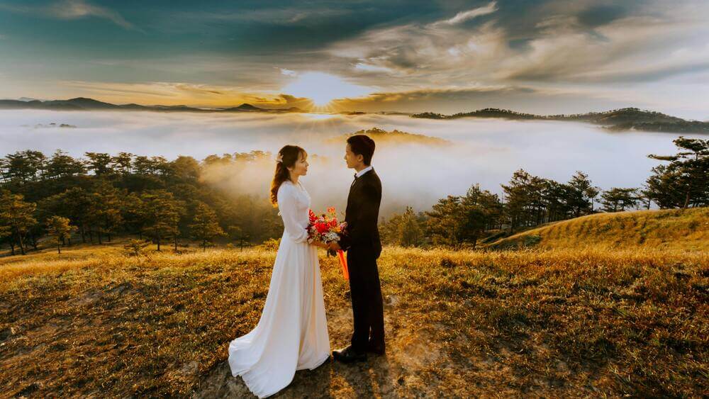 Bride and groom in a sunset outdoor setting