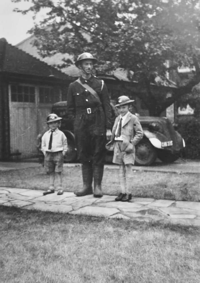 A touching photograph showing the grandfather in his early “overall” ARP uniform, flanked by his two sons, Stephen’s late uncle, John, on the left, and his late father, Leonard Barr, on the right. The young boys can be seen wearing toy tin hats made of wafer-thin steel, a poignant reminder of childhood during wartime.