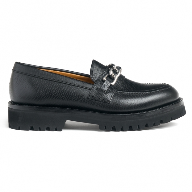 Cassie M Chain Trim Loafer in Black Hatched Grain Leather