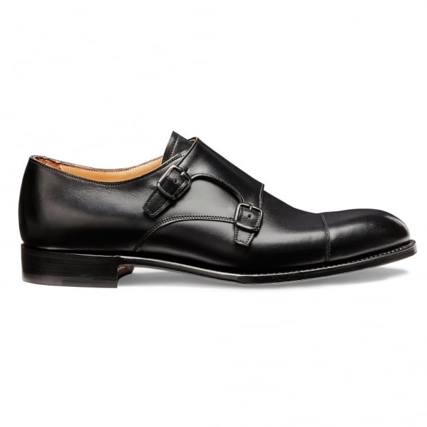 Edmund Double Buckle Monk Shoe in Black Calf Leather