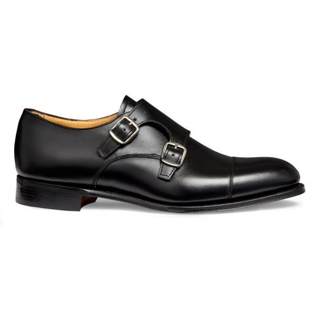 Emily D Double Buckle Monk Shoe in Black Calf Leather