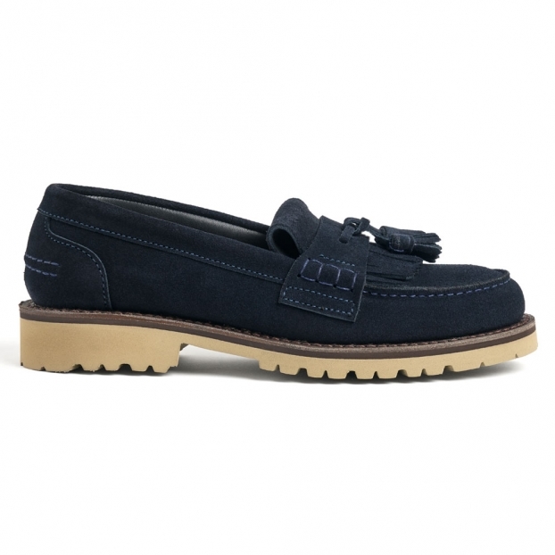 Evelyn Fringe Tassel Loafer in Navy Castoro Suede