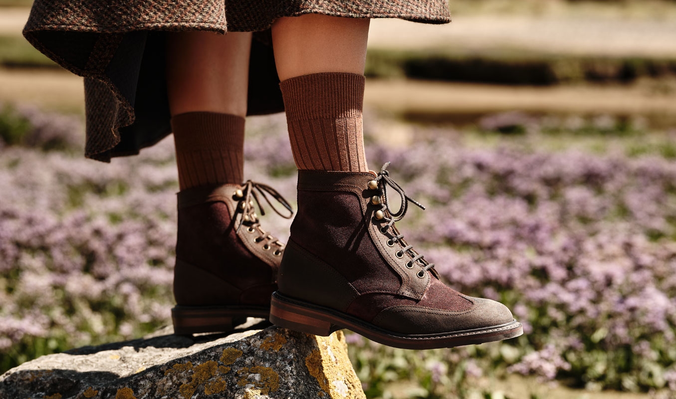 Waverly R Derby Boot in Brown Waxy Leather/Burgundy Canvas | Shop Now