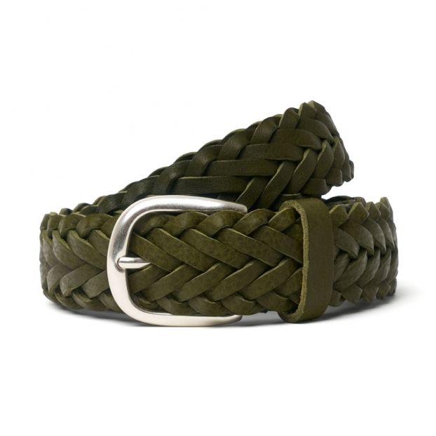 Plaited Green Leather Belt | Silver Buckle