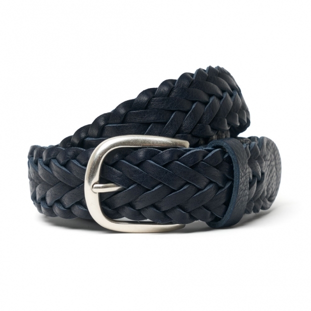 Plaited Navy Leather Belt | Silver Buckle