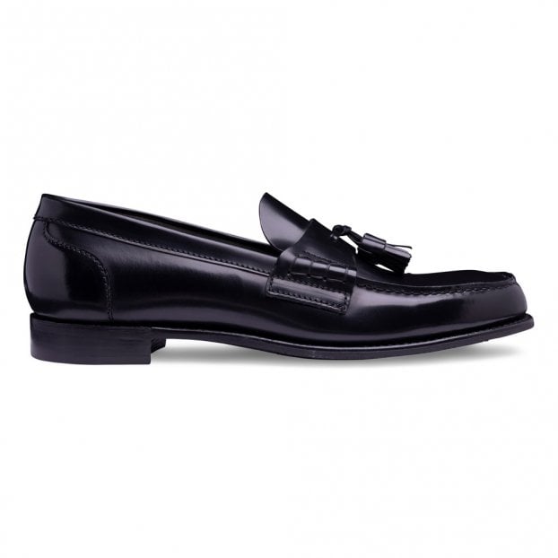 Steadman D Tassel Loafer in Black Rub Off Hi Shine Calf Leather